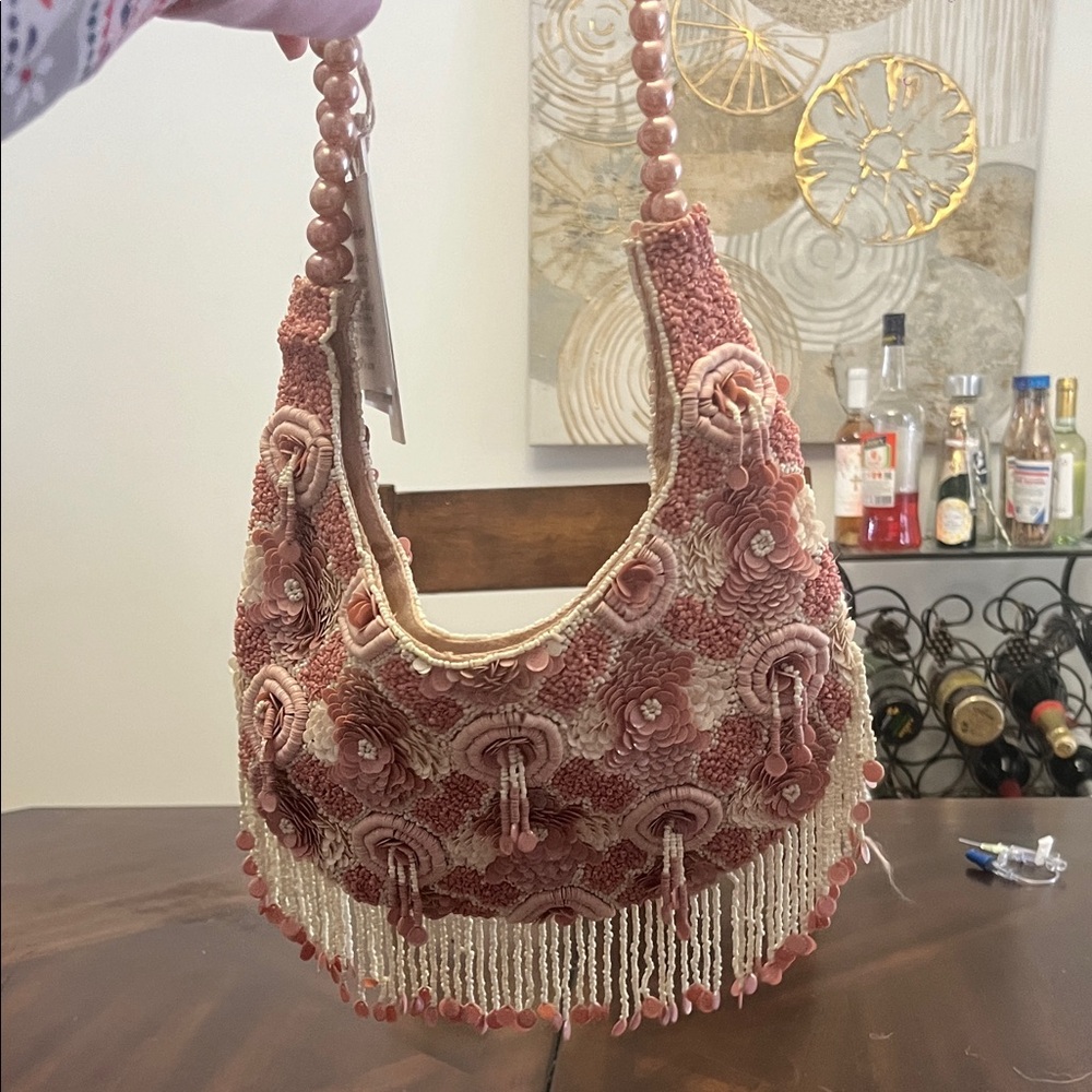 Pink Beaded Handbag with Pearl Strap - Picture 3 of 3